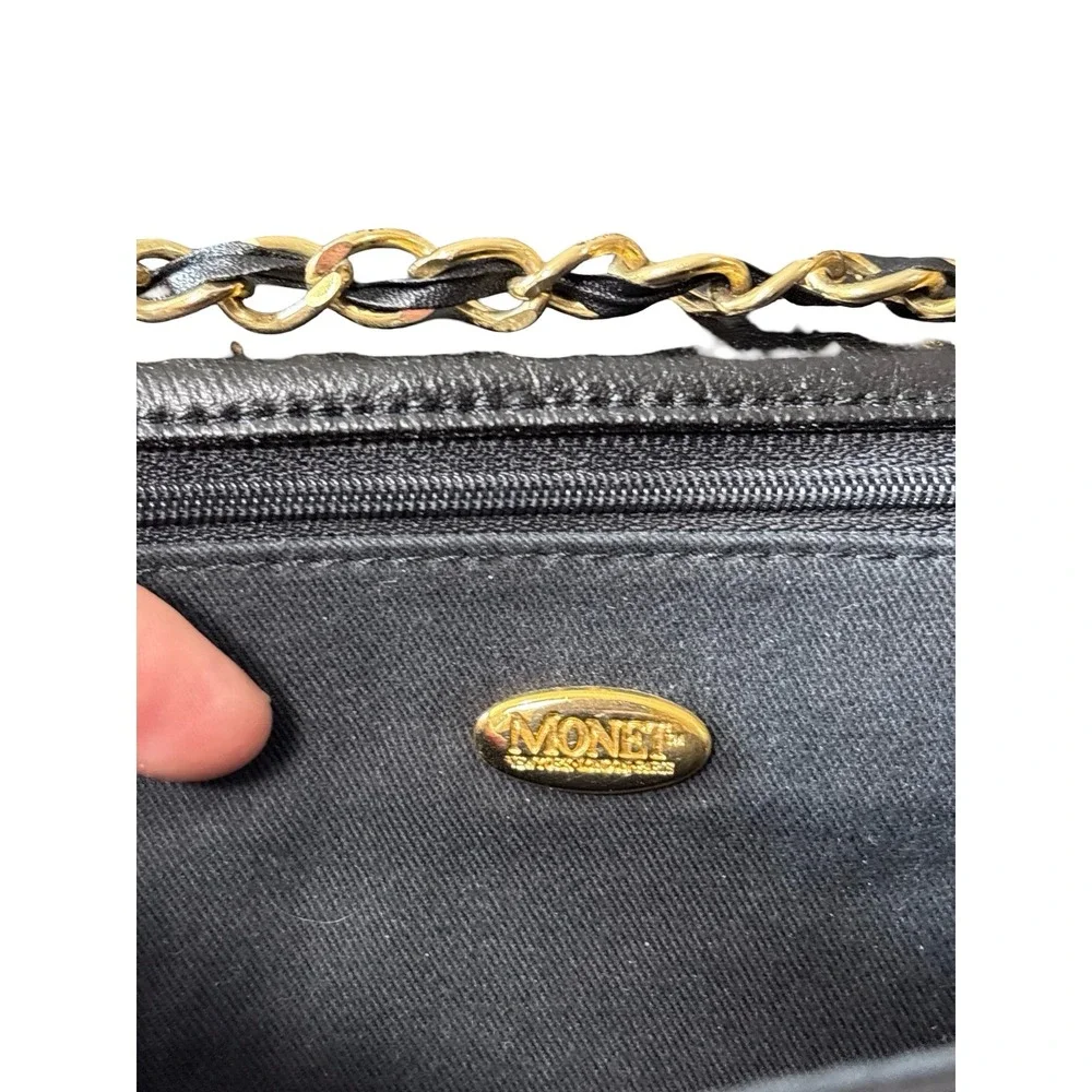 Monet Vintage Black Leather Crossbody Bag Gold‎ Chain Strap Small Envelope Purse